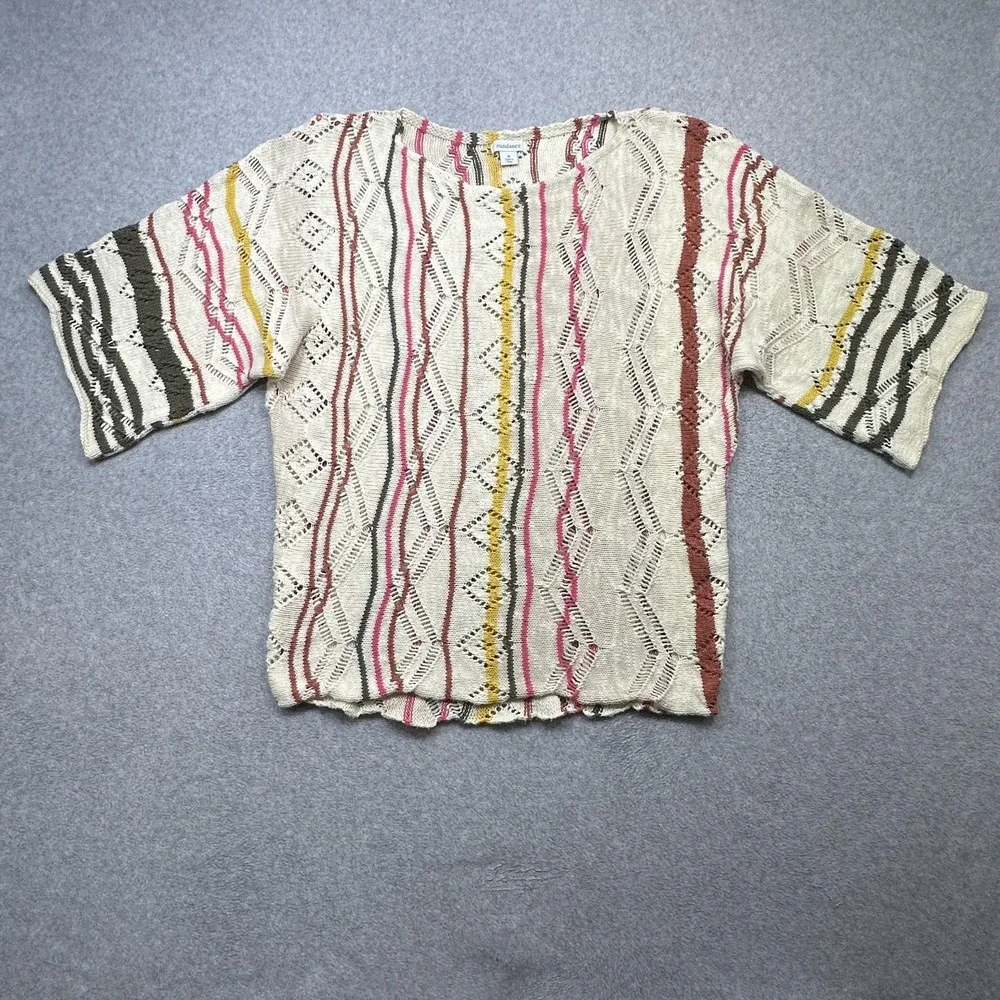 Sundance Sweater Womens Medium Cream Colorful Stripe Open Knit Short Sleeve Top